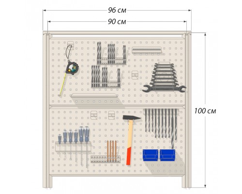 Панель перфорированная с аксессуарами для инструмента в мастерскую